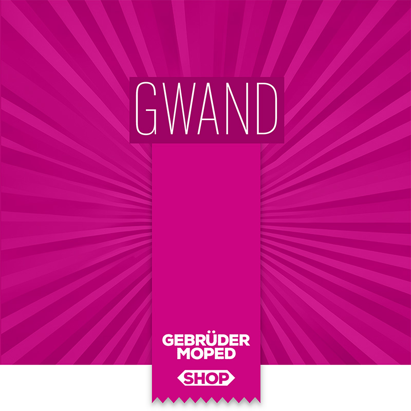 shop Magenta-farbene Grafik mit dem Schriftzug „Gwand“ und darunter einer Etikettenform mit dem Logo „Gebrüder Moped Shop“ vor radialem Lichtmotiv, als visuelle Verlinkung zum Merchandise-Bereich