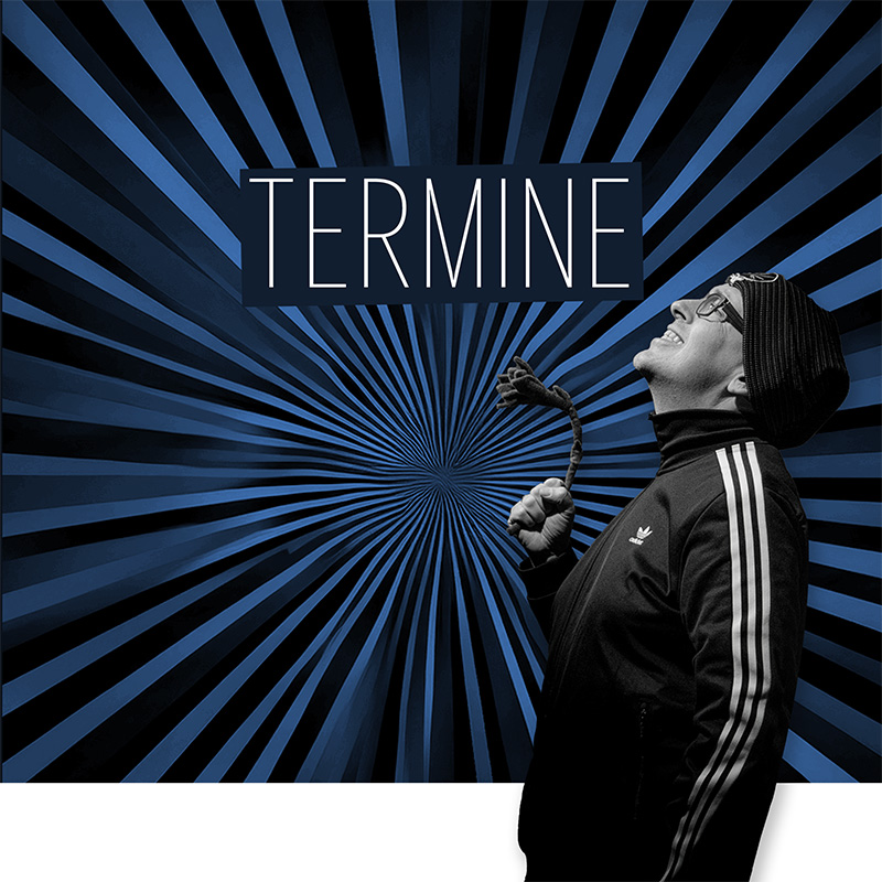 Franz Moped im Profil mit Kopfbedeckung und Rose in der Hand vor dunkelblauem Hintergrund mit radialem Lichtmotiv, darüber der Schriftzug „Termine“ als Zugang zur Veranstaltungsübersicht